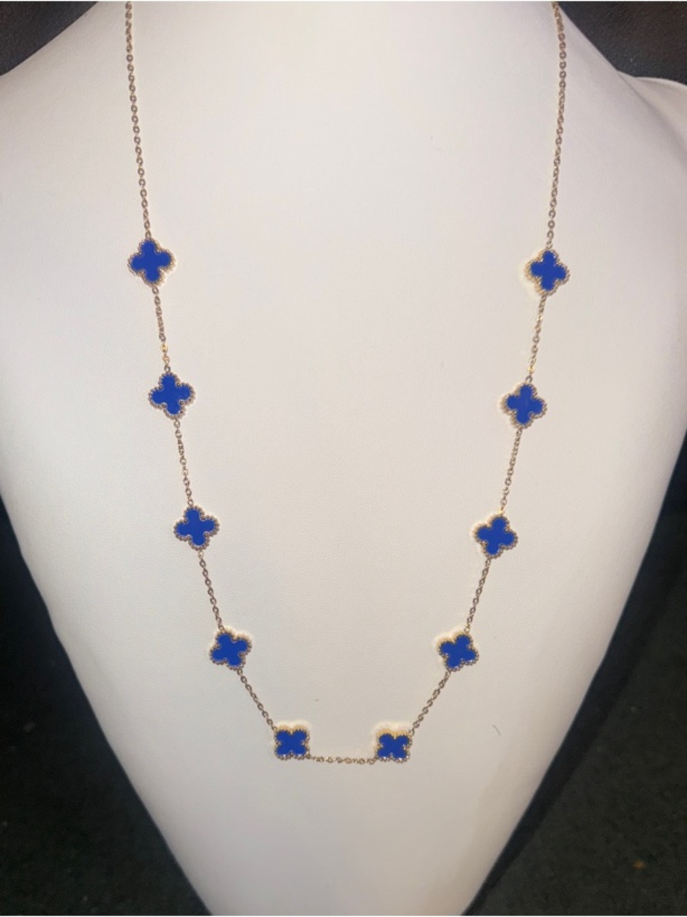 Gold-Tone Long Necklace with Royal Blue Clover Accents